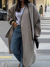 Aurohaya Long Wool Coat with Scarf, Button Details, Pockets, Long Sleeves Elegant Casual Oversized Jacket for Women